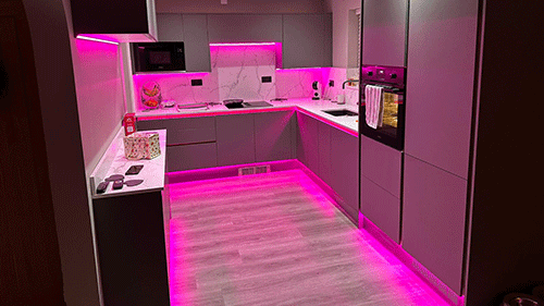 Kitchen illuminated using RGBCCT (3000K to 6000K) next generation no dot COB LED strips