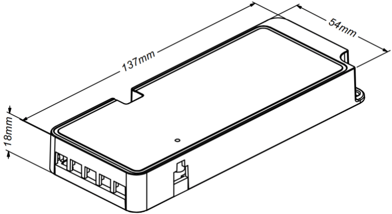 24W 12V 5 Output Cabinet LED Driver Dimensions. Includes 3P VHB sensor port.