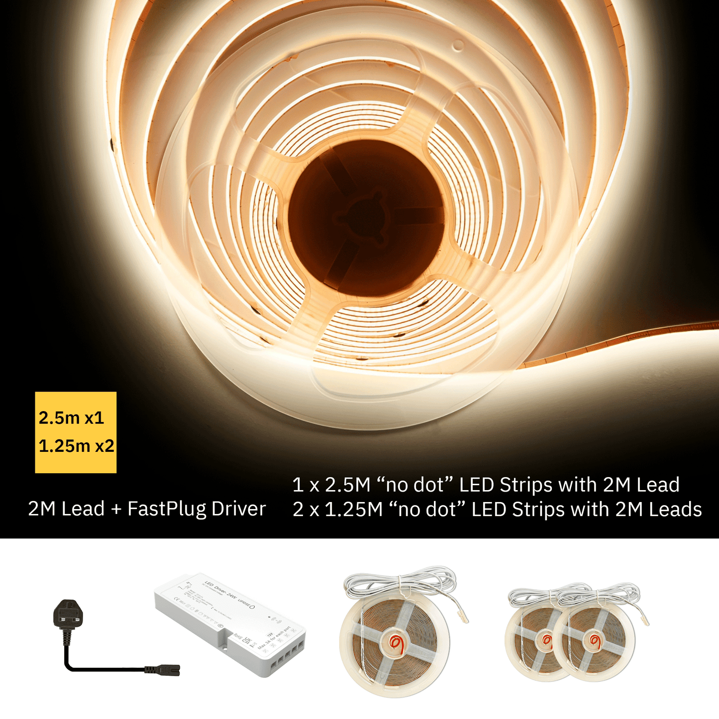 5mm 2.5M COB LED Strip Light (Dot Free) Kit With QuickConnect Driver, 12V