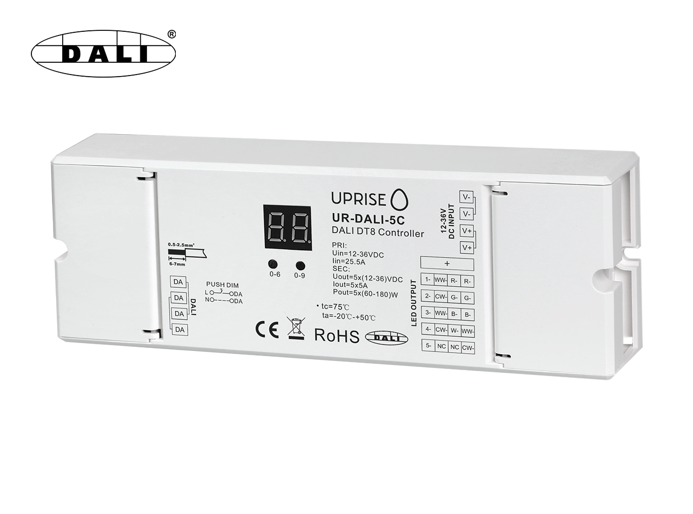 DALI 5CH LED DT8 Dimmer For RGBCW (12V-36V) Diagonal Overview