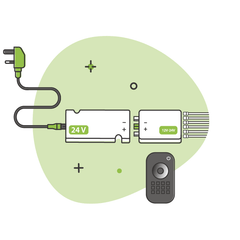 Next generation plug & play wireless furniture LED strip light kit. 12-24V. Smart Device. Remote Handset