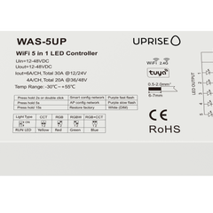 WAS-5UP RGBCCT LED Controller Receiver. 12V-24V. Wifi & RF 5 in 1 LED Controller. Tuya App Compatible. Connect Single Colour, Dual White, RGB, RGBW & RGBCCT (RGB + Tunable/Smart White 3000K + 6000K) LED strip lights.