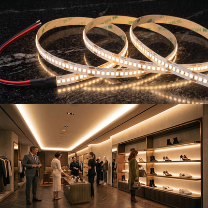 A split image showing a 15W ultra bright spotless soft white 3500K LED strip. Along with a modern luxury fashion store with integrated LED strip lights. Lighting mounted within rounded cove, wall parimeter and within recessed profiles above shoe racks. 