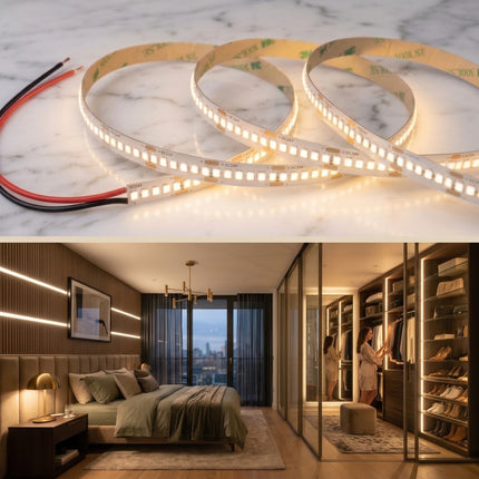 An collage of a 240LED per meter super bright, spotless soft white 3500K LED strip. And a high end residential bedroom with feature wall & walkin wardrobe that include integrated 24V 3500 LED strip lights.