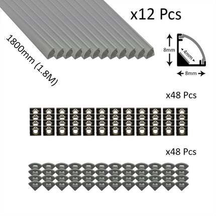 6pcs Pack Micro Corner LED Profiles 8mm Silver / Black Finish & Semi Clear Diffuser