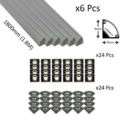 6pcs Pack Micro Corner LED Profiles 8mm Silver / Black Finish & Semi Clear Diffuser