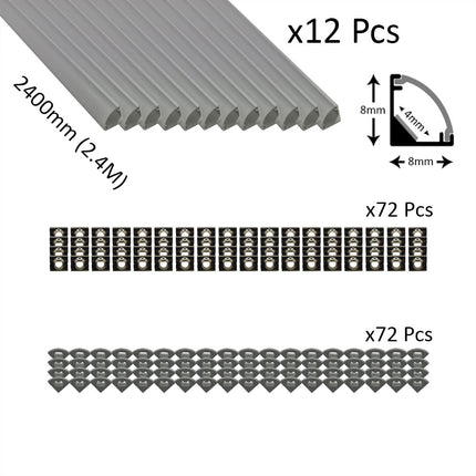 6pcs Pack Micro Corner LED Profiles 8mm Silver / Black Finish & Semi Clear Diffuser