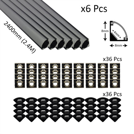 6pcs Pack Micro Corner LED Profiles 8mm Silver / Black Finish & Semi Clear Diffuser