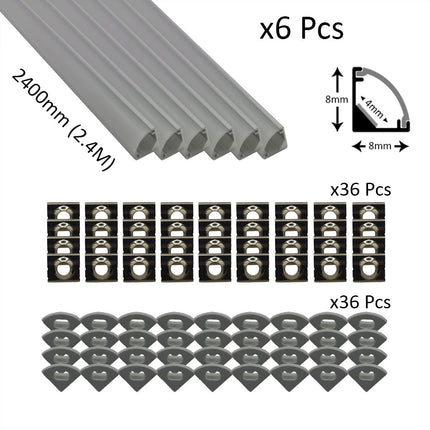 6pcs Pack Micro Corner LED Profiles 8mm Silver / Black Finish & Semi Clear Diffuser