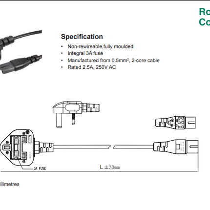 0.5M UK Mains Plug To IEC C7 Lead (Black)