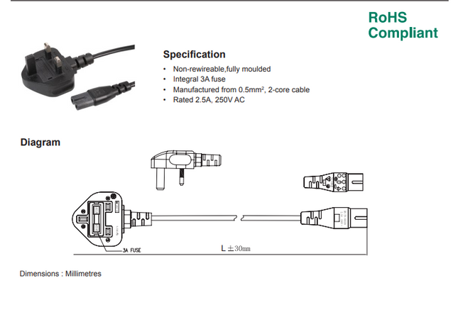 0.5M UK Mains Plug To IEC C7 Lead (Black)