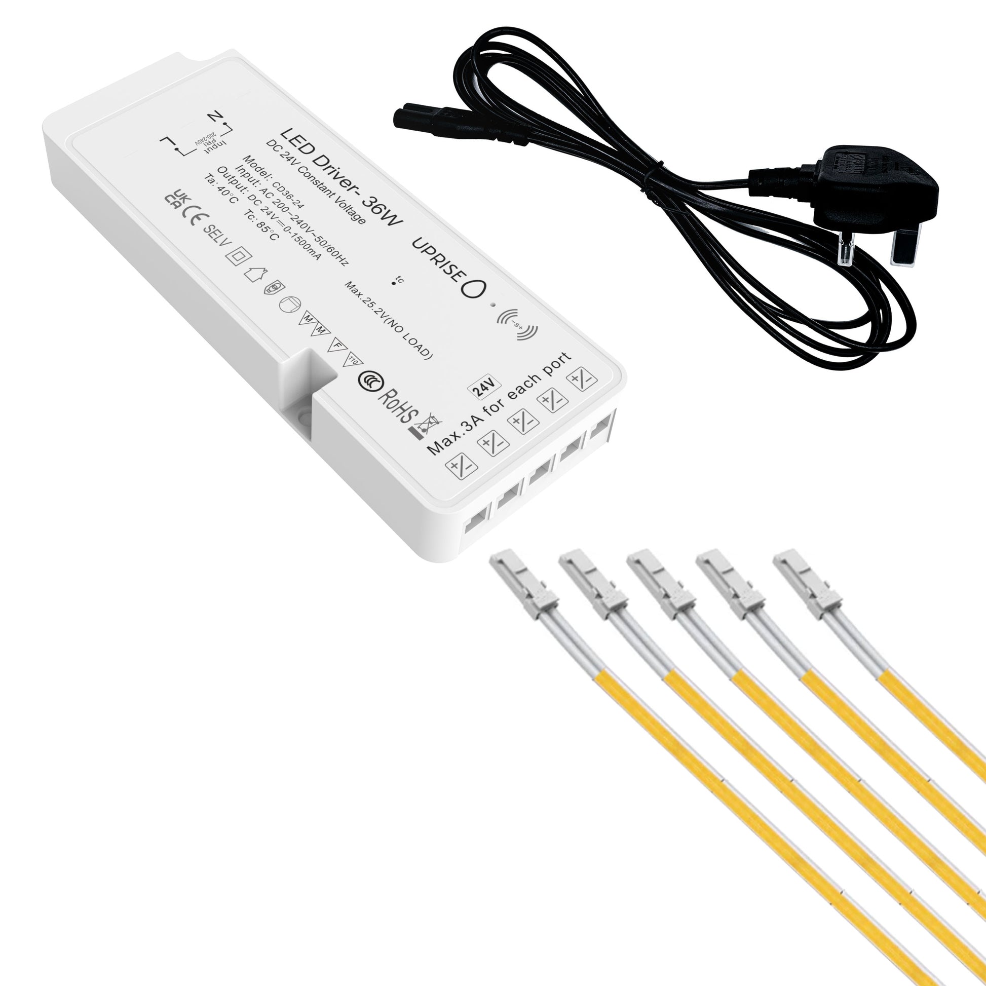 Plug & Play | Seamless "No Dot" LED Strip Kit | 5 Output 36W Cabinet LED Driver (24V) | Inc UK to C7 mains lead