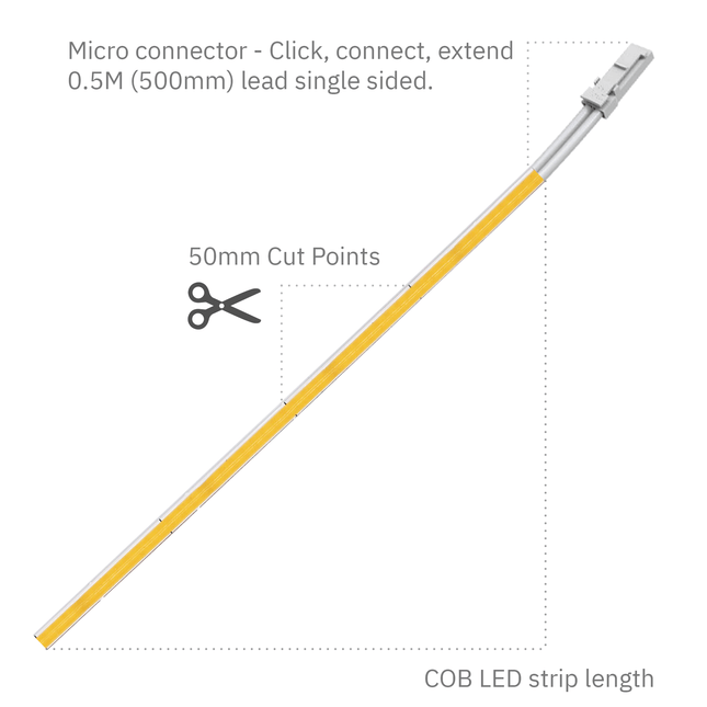2.4M 4mm 5000K COB LED Strip Light, 5W/M (24V) IP65 (Splash Proof) 0.5M Male Connector Dual End