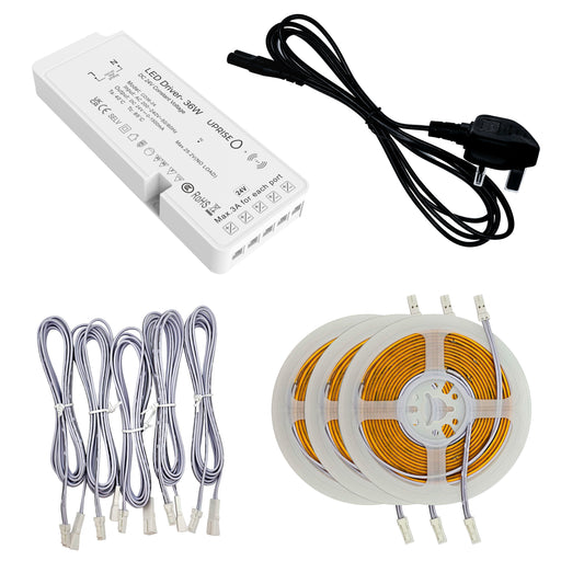 6pcs COB LED Strip Kit (x5 LED strips, x1 spare LED strip) With 36W 5 output Cabinet LED Driver. 24V. Inc UK to C7 mains lead. And x5 pieces 2M male to female extension cable.