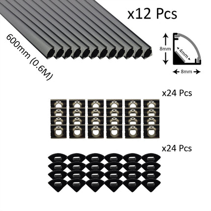 6pcs Pack Micro Corner LED Profiles 8mm Silver / Black Finish & Semi Clear Diffuser