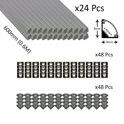 6pcs Pack Micro Corner LED Profiles 8mm Silver / Black Finish & Semi Clear Diffuser