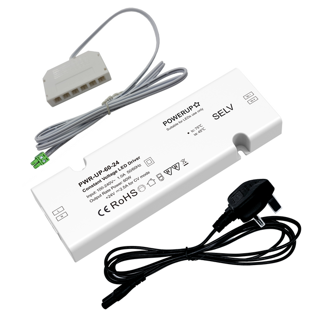 60W Furniture LED Driver (24V), 6 Way Splitter, 2M Mains Lead