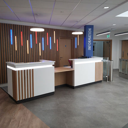 Seamless RGBW (3000K Warm White) COB LED strips (24V) for Lanarkshire council reception. Mounted within 20mm x 20mm half square (boxed style) diffuser architectural LED profile.