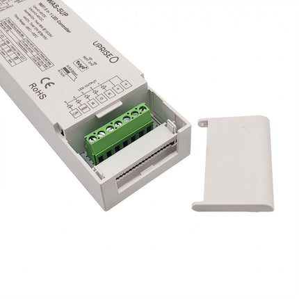 RGBCCT LED Controller Receiver Showing 24V LED Output Channel Connections. These include CW (Cool White), WW (Warm White), B (Blue), G (Green), R (Red), + (Black) +2 (Black). RF & Wifi compatible RGBCCT LED control.