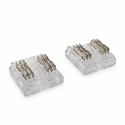 X2 RGBCCT Seamless COB LED Strip to 6 core flat cable connectors. Showing the strip input side (12mm for RGB-WW-CW COB LED strip) and cable entry side (For RGBCCT (RGB, Warm 3000K, Cool 6000K) 6 core flat ribbon cable). Click and connect, simple to install