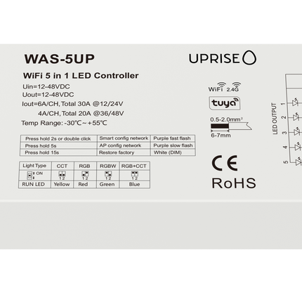 WAS-5UP RGBCCT LED Controller Receiver. 12V-24V. Wifi & RF 5 in 1 LED Controller. Tuya App Compatible. Connect Single Colour, Dual White, RGB, RGBW & RGBCCT (RGB + Tunable/Smart White 3000K + 6000K) LED strip lights.
