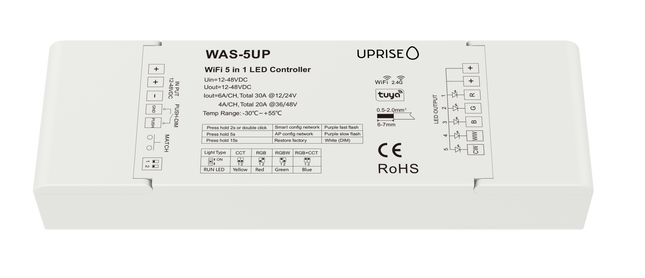 WAS-5UP RGBCCT LED Controller Receiver. 12V-24V. Wifi & RF 5 in 1 LED Controller. Tuya App Compatible. Connect Single Colour, Dual White, RGB, RGBW & RGBCCT (RGB + Tunable/Smart White 3000K + 6000K) LED strip lights.