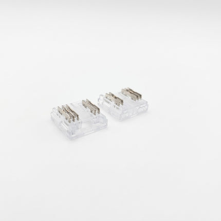 X2 RGBW Seamless COB LED Strip to 5 core flat cable connectors. Showing the strip input side and cable entry side. Click and connect, simple to install.