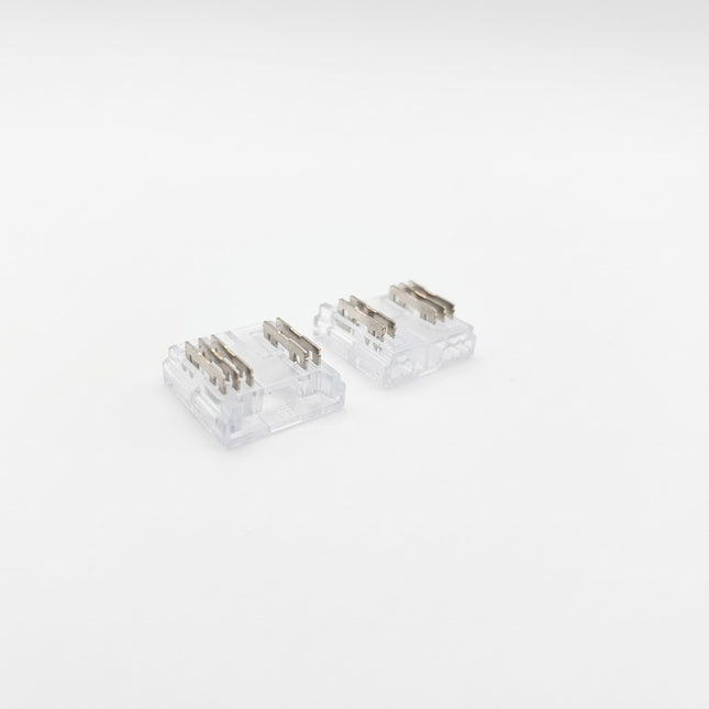 X2 RGBW Seamless COB LED Strip to 5 core flat cable connectors. Showing the strip input side and cable entry side. Click and connect, simple to install.