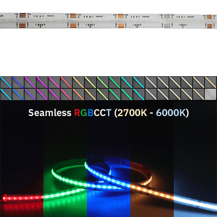 RGBCCT COB LED strip light with colour temperature range and colour mixing capabilities displayed.