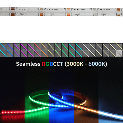 RGBCCT (RGB colours, 3000K warm white, 6000K cool white) LED strip light with colour temperature range display and colour swatches.