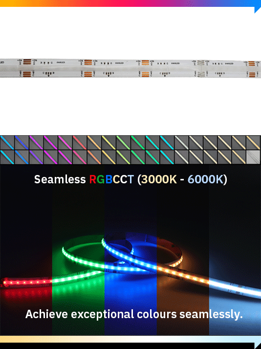 RGBCCT (RGB colours, 3000K warm white, 6000K cool white) LED strip light with colour temperature range display and colour swatches.