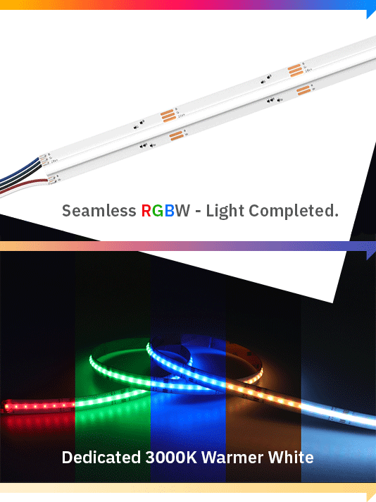 RGBW 3000K Warm White COB LED Strip. 24V. Shows different colour options.