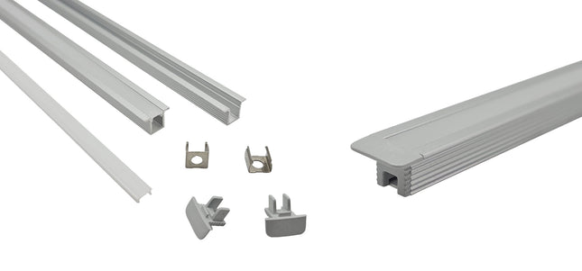 Silver micro recessed LED profile with accessories. 8mm x 8mm recessed LED profile with end caps completed.