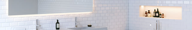 3000K warm white COB LED strip light within modern white and wood bathroom