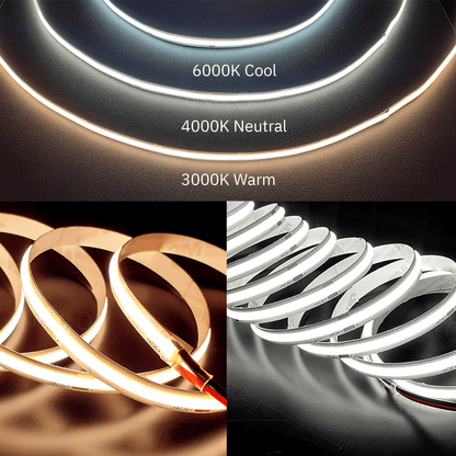 COB LED Tape Colour Difference 3000K Warm, 4000K Neutral, 6000K Cool White