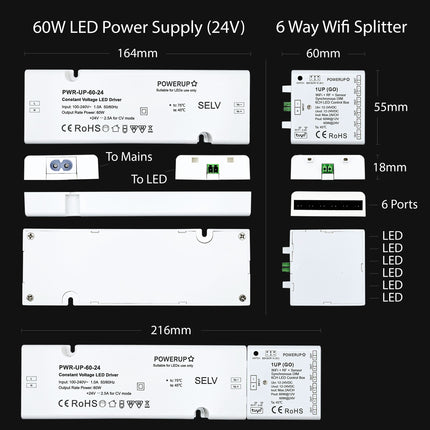 60W Constant Voltage LED Driver With 6 Output Wifi Controller Splitter (24V)