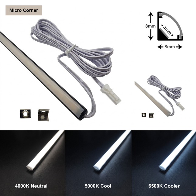 Micro corner LED aluminium light with 2M micro connector lead for cabinet, media units, shelves, wardrobes, drawers. Quadrant profile finish in silver or black. Neutral white 4000K, 5000K cool or 6500K cooler white to choose from. 24V.
