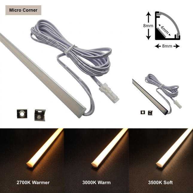 Micro corner LED aluminium light with 2M micro connector lead for cabinet, media units, shelves, wardrobes, drawers. Quadrant profile finish in silver or black. Warmer white 2700K, 3000K warm or 3500 soft white to choose from. 24V.