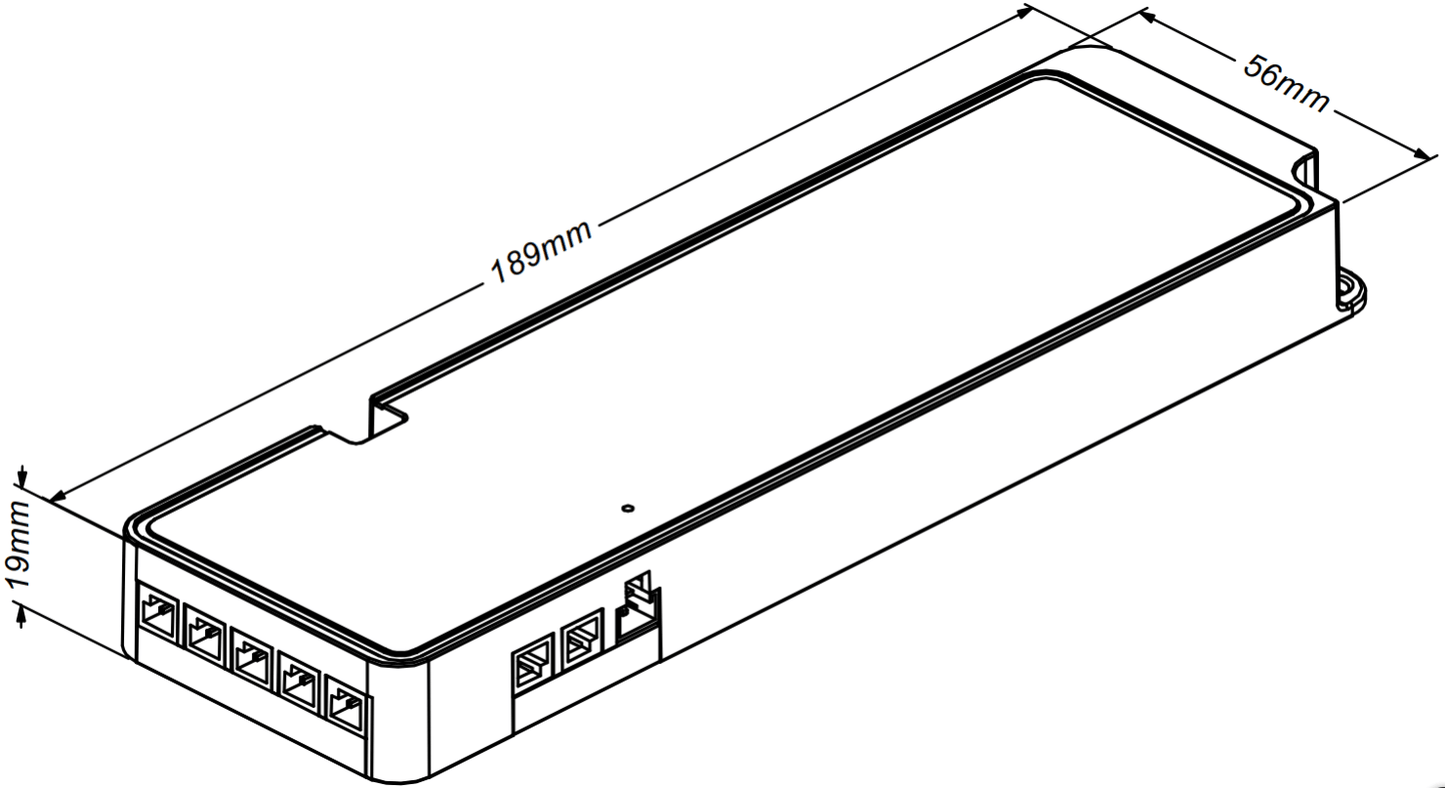 60W 24V 6 Output Cabinet LED Driver Dimensions. Includes 5 Amp Connector and 3P VHB sensor port.