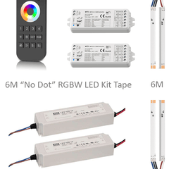 6M 840LED RGBW 3000K No Dot LED Strip Light Kit. Includes x2 5 Channel WT5 RGBCCT LED Controller Receivers, x1 4 zone 5CH handset remote and x2 60W 24V power supplies.
