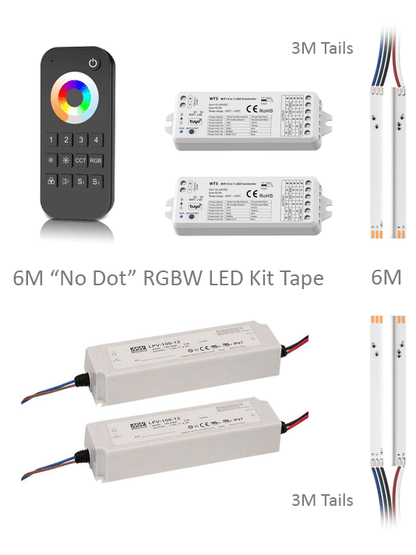 6M 840LED RGBW 3000K No Dot LED Strip Light Kit. Includes x2 5 Channel WT5 RGBCCT LED Controller Receivers, x1 4 zone 5CH handset remote and x2 60W 24V power supplies.
