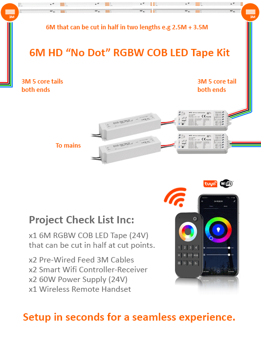 Create a 6M or two length RGBW 3000K seamless COB LED tape light setup. Includes x2 wireless 5CH receivers, x1 4 zone RGBCCT handset and x2 60W 24V power supplies.