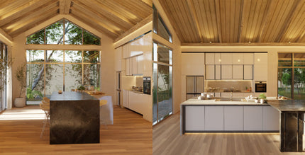 Balinese style kitchen in warm white 3000K. Utilising seamless "no spot" COB LED tape lights and plug and play furniture cabinet LED drivers 12V.