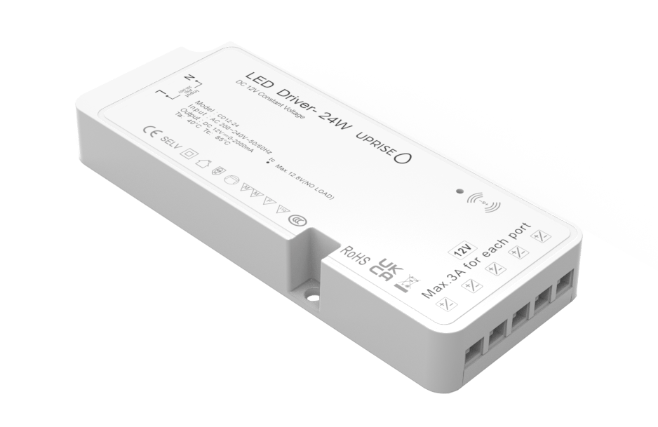 24W 12V cabinet LED driver with 5 connection ports. Includes master sensor port. UK to C7 mains iec connection.