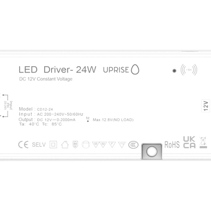 24W 12V plug & play LED driver with 5 connection ports. Includes master sensor port. Front view.