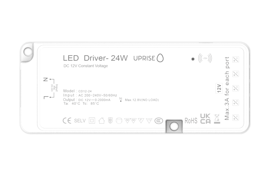 24W 12V plug & play LED driver with 5 connection ports. Includes master sensor port. Front view.