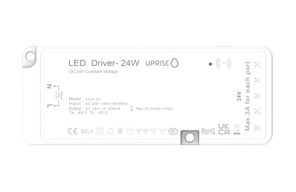 24W 24V undercabinet LED driver. Front View. Inc sensor switch ports.