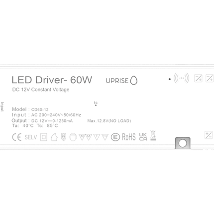 60W 12V undercabinet LED driver. Front View. Inc sensor switch ports.