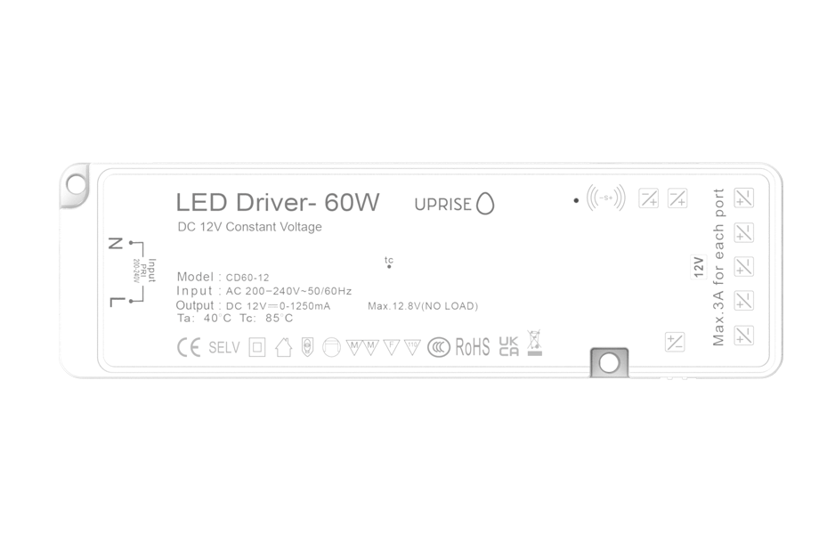 60W 12V undercabinet LED driver. Front View. Inc sensor switch ports.