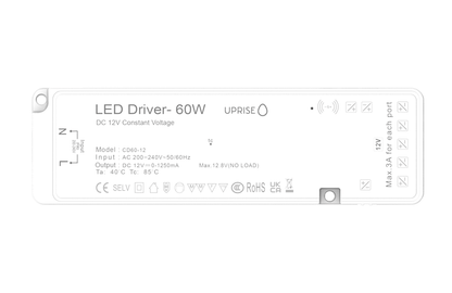60W 12V undercabinet LED driver. Front View. Inc sensor switch ports.